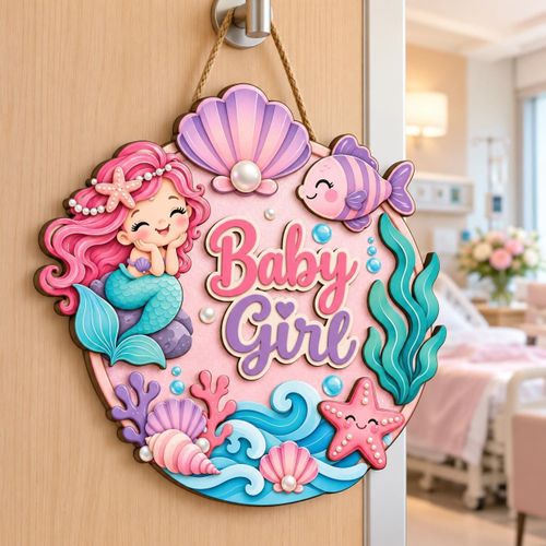 Baby Girl Wooden Hanging Plaque, Baby Room Decor, Nursery Door Sign and Hospital Room Decor, Layered Design, Newborn Gift, 40 x 40 cm Mermaid