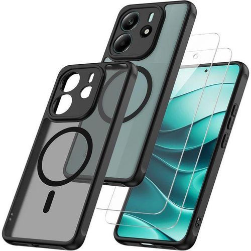 3 in 1 Magnetic Cover Compatible with Xiaomi Redmi Note 14 4G with 2 Tempered Glass, Compatible with Shockproof Translucent Matte Case, Black
