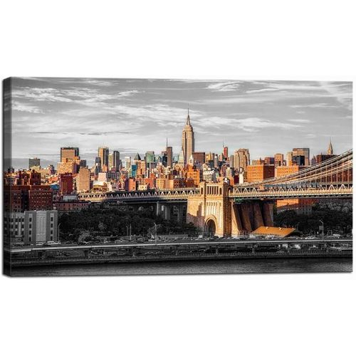 Nachic Wall Modern New York City Picture Canvas Wall Art Brooklyn Bridge at Sunrise Landscape Painting Black and White City Skyline Cityscape Poster Framed for Home Decor Ready to Hang 20x36inch