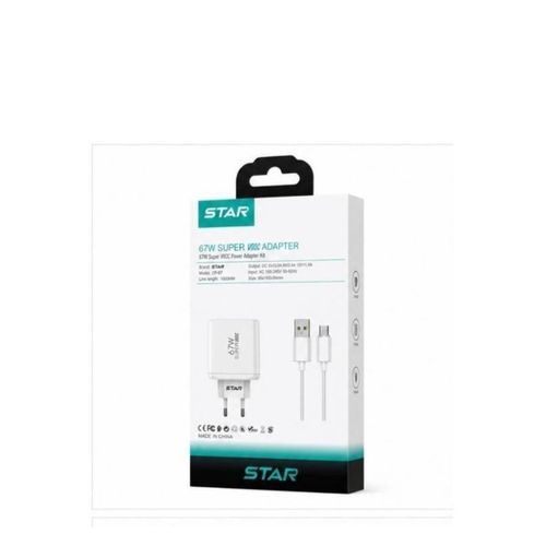 67W Fast Wall Charger with USB to Type-C Cable, Super Fast Charging, Compatible with Android Devices & Type-C Smartphones – White