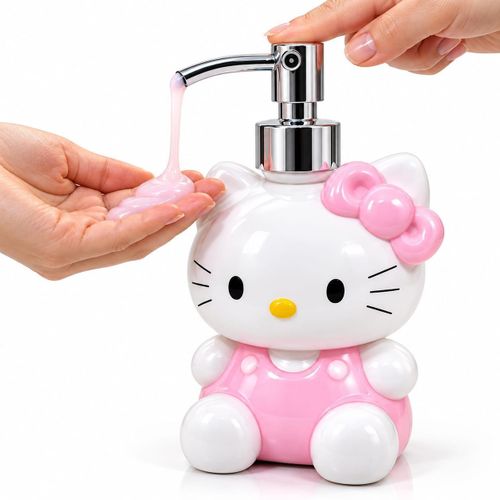 Pink and white cartoon-design liquid soap dispenser with a practical pump for daily use.