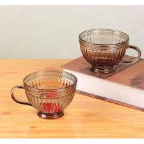 Glass Soup Mugs with Handle, Ribbed Design, Amber Colour, Set of 2 .flo