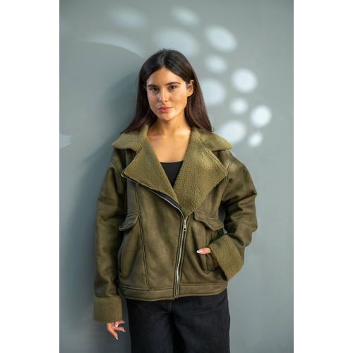 Women's Olive Green Aviator Biker Jacket – Full Faux Fur Lined Winter Coat