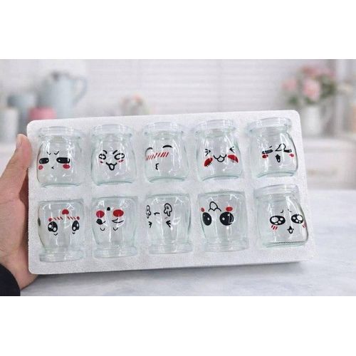 10PCS-Pack Glass Pudding and Yogurt Jars 100 ml with Plastic Lids - Emoji Design