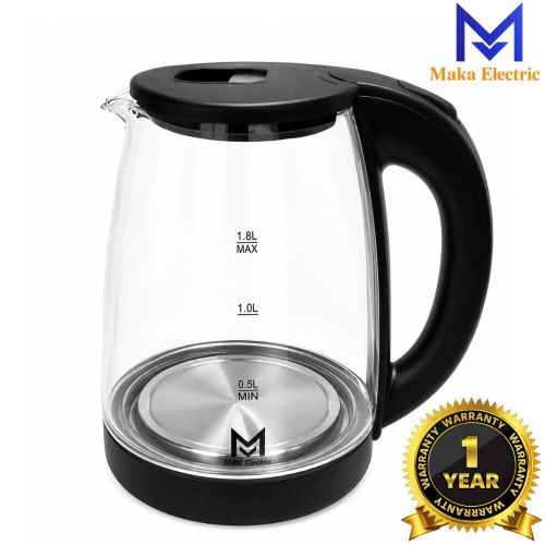 Electric Glass Kettle – 1.8L – 2000W – 360° Rotating Base – Auto Shut-Off – Transparent & Black – 1 Year Warranty