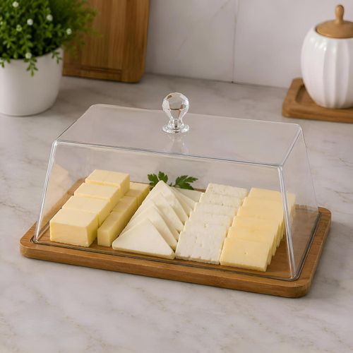 Acrylic Dessert Tray - Bamboo Base Display Stand with Clear Dome Cover and Handle, 36 x 26 cm for Cakes and Pastries