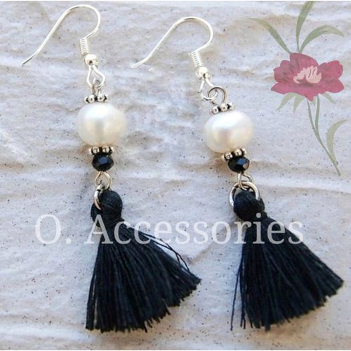 Earring White Pearl Silver Metal_black Tassel
