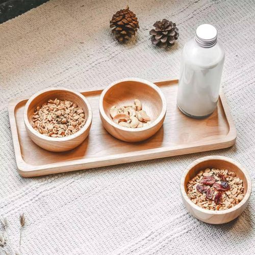 Elegant bamboo wooden serving set consisting of 3 bowls + rectangular tray, measuring 30 * 10cm