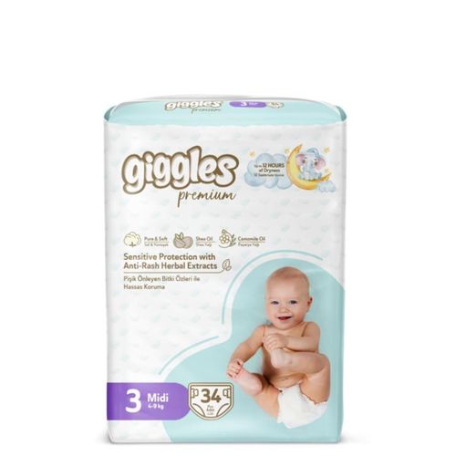 Geggles Premium Baby Diapers Size 3 Midi 4-9kg Pack of 34 Diapers, Sensitive Skin Protection with Shea & Camomile Oil Extracts, Up to 12 Hours Dryness for Active Boys & Girls