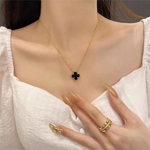 18K Gold Plated Stainless Steel Clover Pendant Necklace for Women, Black Four Leaf Clover, Adjustable 17 Inch Cable Chain with 1.96 Inch Extender