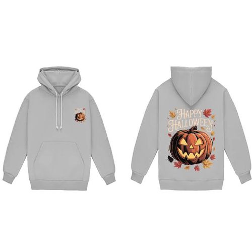 Halloween Pumpkin Hoodie, Grey Cotton Sweatshirt with Jack-o'-Lantern Print, Fall Autumn Leaves Design