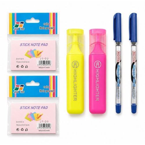 2 Sticky Note Pads with 2 Highlighters and 2 Blue Ballpoint Pens – 6 Pieces