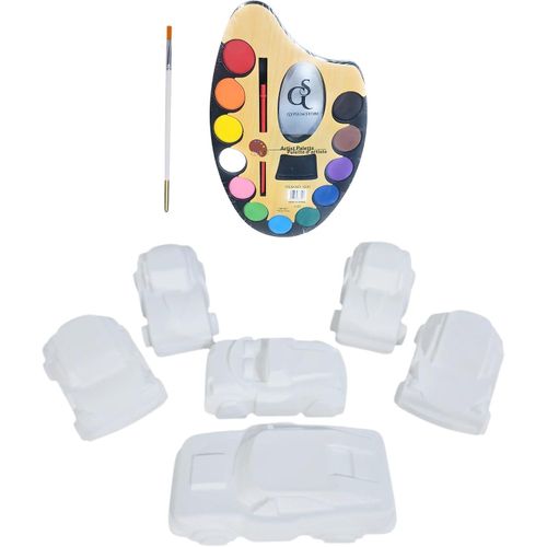6 plaster sports cars to color + 12-color watercolor set + free paintbrushes to develop children's visual skills and help them replace phones with fun activities, teaching them the basics of colors and shapes.