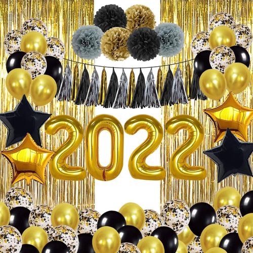 New Years Eve Party Supplies 2022 - Large 40 Inch Gold Balloons - Black Gold Confetti Balloons, Star Foil Balloon - Paper Pompoms, Tissue Tassels, Gold Fringe Curtain - Graduation Decorations 2022