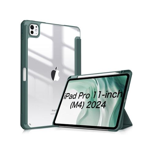Smart Case for iPad Pro 11 Inch 2024 M4 with Pencil Holder, Clear Back Slim Tri-fold ten.tech Stand Shell Tablet Cover for iPad Pro 11" 2024 5th Generation -Green
