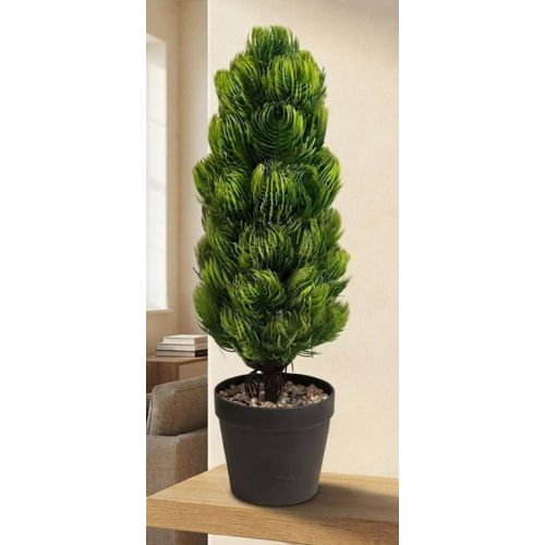 Artificial Green Decorative Tree with Dense Pyramid Design, Black Pot & Decorative Stones