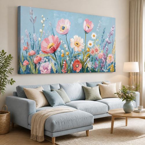 Floral Canvas Wall Art – Colorful Wildflowers Painting on Light Blue Background – Romantic Botanical Artwork for Bedroom, Living Room or Cottagecore Decor – Ready to Hang 100x50cm