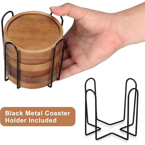 Rustic Drink Coasters - Set of 6 Thick Wooden Mats with Durable Metal Stand, Perfect for Home Aesthetics and Functional Beverage Placement