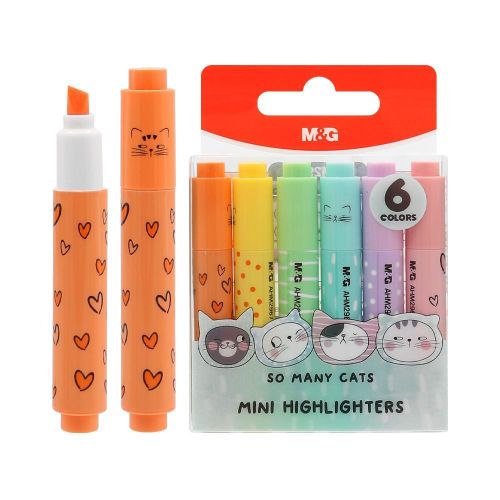 Chenguang So Many Cats Mini Highlighters – 6 Pastel Colors, Chisel Tip, Cute Pocket-Sized Highlighter Set - 1pcs - No: AHM29677