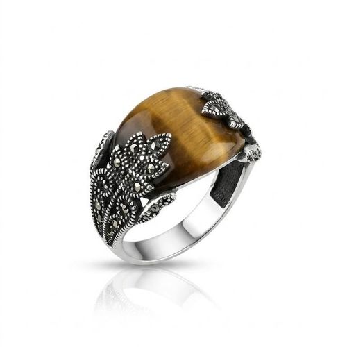 925 Sterling Silver Antique Leaf Design Ring with Natural Tiger's Eye Gemstone