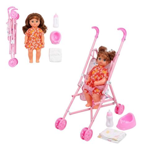 Kids Doll Play Set with Foldable Stroller and Complete Baby Care Accessories - Pink