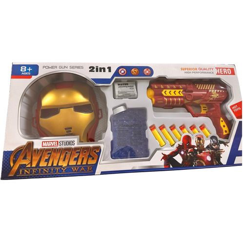 مسدس قاذف رصاص فوم وقنابل مائية مع قناع الرجل الحديدي إيرون مان-مجموعة ألعاب أفينجرز 2 في 1 للأطفال