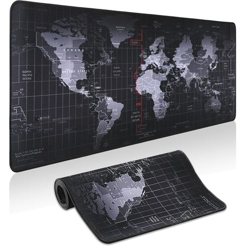 World Map Mouse Pad, Large Size 80x30 cm, Non-Slip Rubber Base, Smooth Surface for Gaming and Office, Geographical Map Black