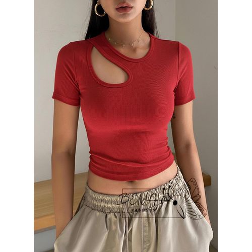 Women's Ribbed Cotton One Shoulder Open Sleeve T-Shirt - red