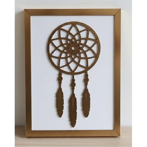 Wooden wall art featuring a dreamcatcher, with a prominent gold geometric design and a white background, measuring 40 x 30 cm, suitable for home decor.
