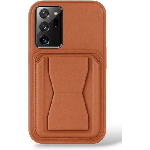 جراب جلدي متوافق مع سامسونج جالاكسي نوت 20 ألترا مقاوم للصدمات مزود بجيب خلفي من الجلد لتخزين البطاقات وحامل مدمج مصنوع من جلد البولي يوريثان لمظهر أنيق وقبضة مريحة بني