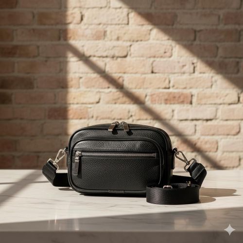 Crossbody Bag, Black, Women's, Leather, Multi-Zipper, Shoulder Bag, Modern, Practical.