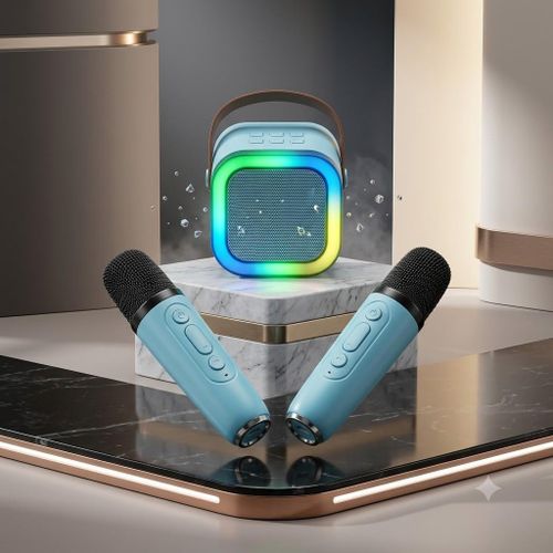 Two microphones with a voice-changing speaker.