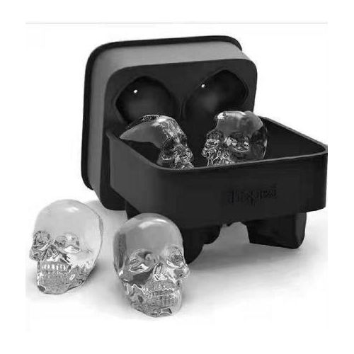 3D Skull Silicone Ice Cube Mold with Lid, Reusable Large Ice Cube Tray for Whiskey, Cocktails, Iced Coffee, Juice and Cold Drinks, 4 Cavities, Easy Release, Black