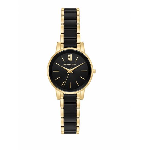 Elegant Women's Black and Gold-Tone Analog Watch with Metal Link Bracelet
