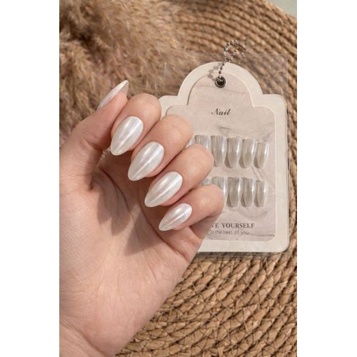 Press On Almond Nails – Pearl White - Cat Eye False Nails – Medium Length – 12 Pieces