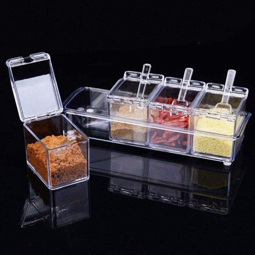 Clear Seasoning Rack Spice Pots - 4 Piece Acrylic Seasoning Box - Storage Container Condiment Jars - Cruet with Cover and Spoon