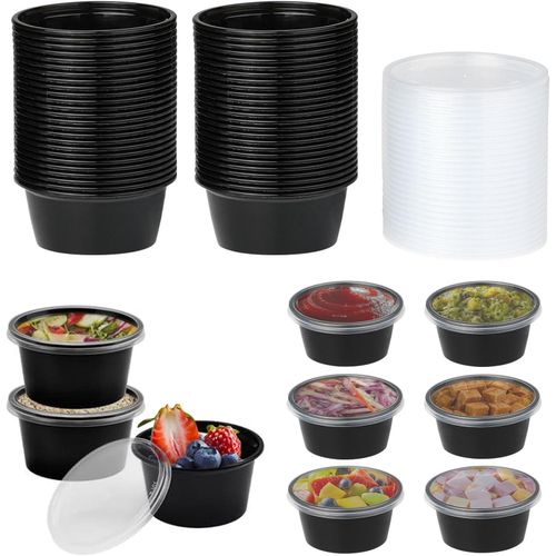 50Pcs Plastic Sauce Containers with Lids Round Food Container - 50ml (2oz) Sauce Pots Small Deli Pots, Meal Prep Takeaway Containers, Reusable Portion Cups, Dips, Salad, Restaurants, Delivery
