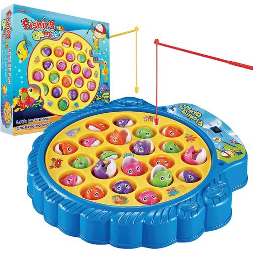 Fishing Game Play Set Includes 21 Fish and 4 Fishing Poles on Rotating Board with Music On/Off Switch for Quiet Play