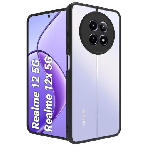 جراب حماية خلفي أنيق فائق المقاومة للصدمات ومصمم خصيصا لهاتف Realme 12 5GRealme 12X 5G مصنوع من مادة البولي كربونات الشفافة والبلاستيك الحراري المرن PCTPU مع إطار أسود