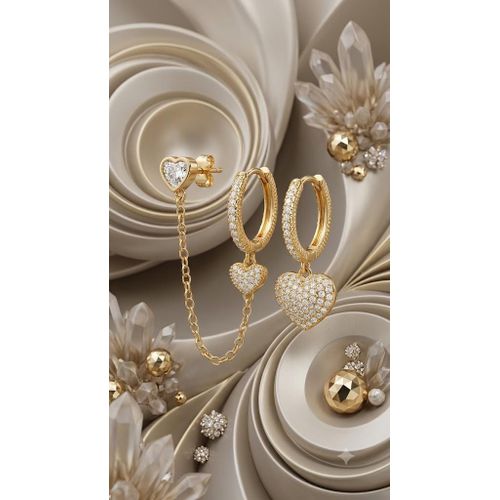 Exquisite Multi-Piece Chain-Linked Earring Set in Platinum-Tone Finish Featuring Heart-Shaped Crystal Pendants and Intricate Pavé-Set Crystal Hoops