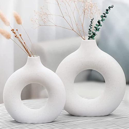 Creative Donut Ceramic Vase Nordic Circular Hollow Ceramic Vase Minimalist Ceramic Hollow Donut Vase White Vases for Decor Donuts Flower Pot Home Decoration Accessories L