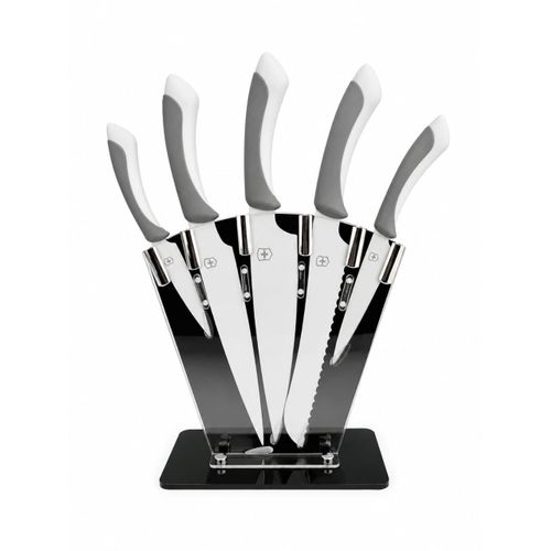 5-Piece Kitchen Knife Set with Acrylic Stand - Grey & White Non-Slip Handles