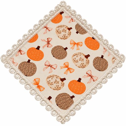 Autumn Serving Tray Mat 45*45 cm with Pumpkin and Fall Designs, Turkish Velvet Fabric with Lace Edges