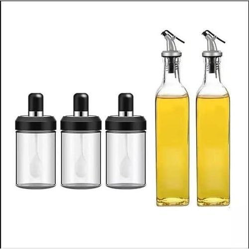 Oil and vinegar dispenser set (two 500ml bottles and three 250ml spice jars), spice dispenser for dining table and kitchen with airtight and leak-proof seal (set of 5 pieces)