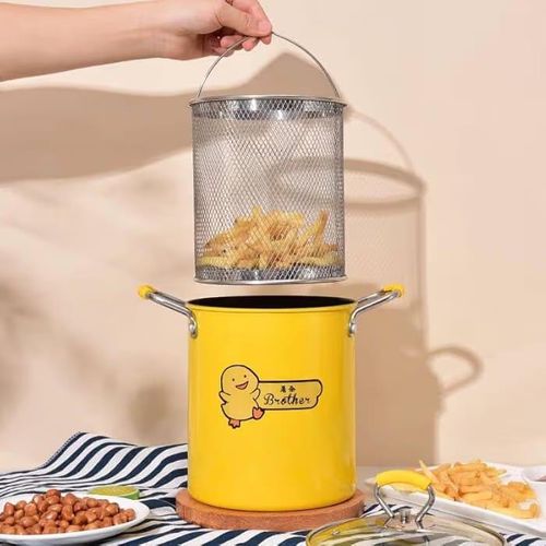 3L Deep Frying Pot with Cute Duck Design - Stainless Steel Strainer Basket & Glass Lid - Multi-functional Kitchen Fryer.