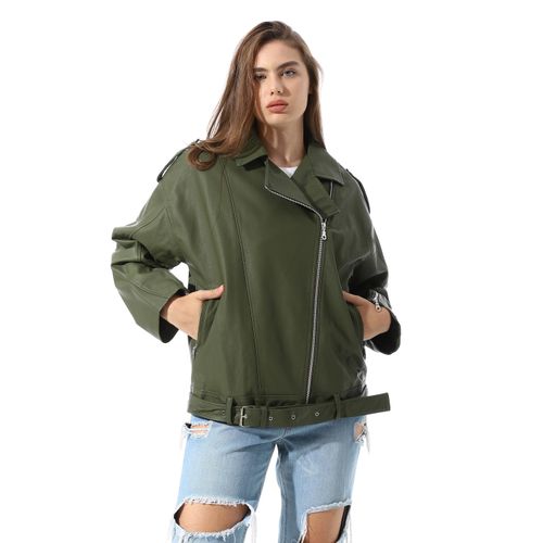 Women's Oversized Faux Leather Biker Jacket with Belt-17322-OLIVE