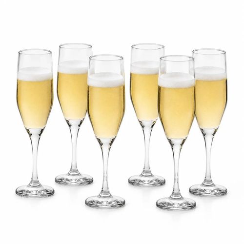 Daphne Glass Flutes Set of 6, 215 ml Clear Stemmed Glasses, Elegant Tall Drinking Glasses for Sparkling Juice, Water & Soft Drinks, 23 cm Height, Made in Egypt with Turkish Quality