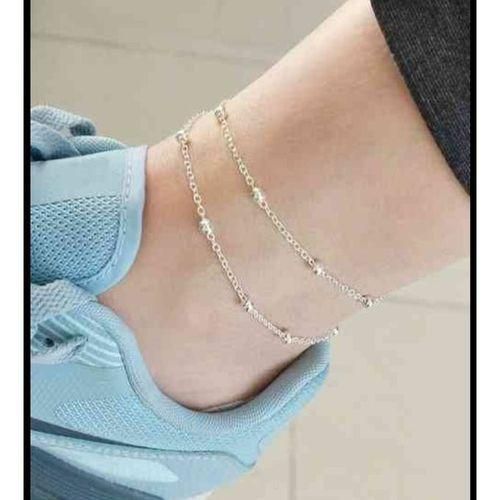 Handmade Anklet Of Silver Metallic Beads 2 Layers