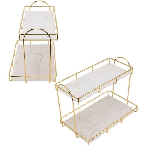 2-Tier Marble Pattern Decorative Tray, White with Gold Metal Frame, Rectangular Serving Platter, Modern Storage Organizer
