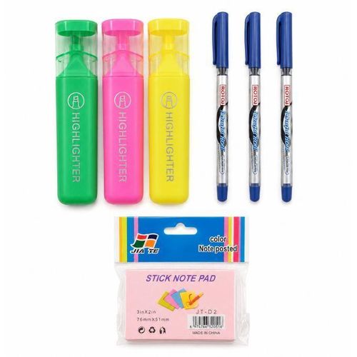 Study Stationery Bundle – 3 Colored Highlighters + 3 ROTO Blue Ballpoint Pens + Sticky Note Pad